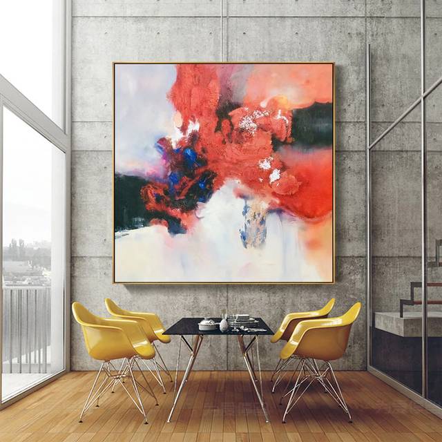 Red Original Dining Beige Contemporary Abstract Canvas Wall Art AWA8T